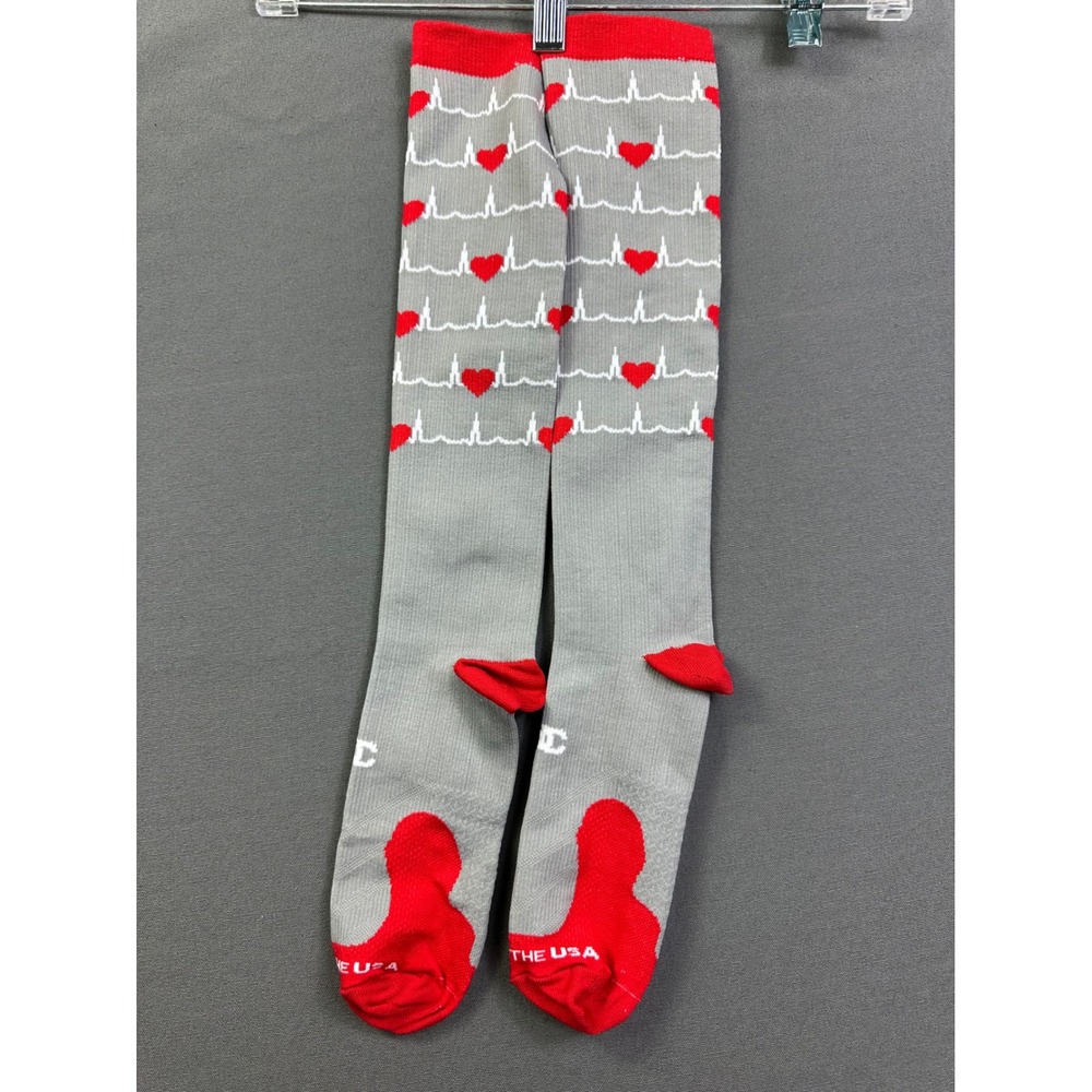 ProCompression Marathon Socks Grey Red Heartbeat EKG Heart Compression LG/XL USA